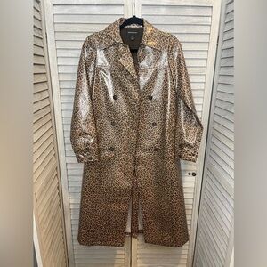 Something Navy NWT Long Double Breasted Trench Rain Coat Size XS Leopard Print